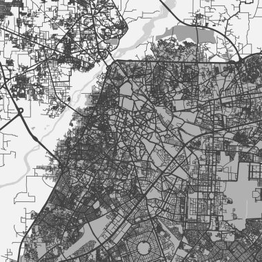 Pakistan 'daki Lahor haritası gri tonda. Yol suyu, parklar vs. içeren katmanlı vektör içerir.