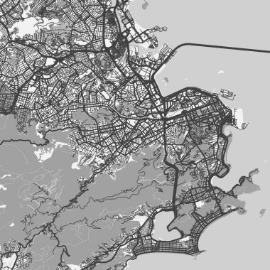 Brezilya 'daki Rio de Janeiro haritası gri tonda. Yol suyu, parklar vs. içeren katmanlı vektör içerir.