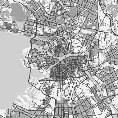 Rusya 'daki Saint Petersburg haritası gri tonda. Yol suyu, parklar vs. içeren katmanlı vektör içerir.