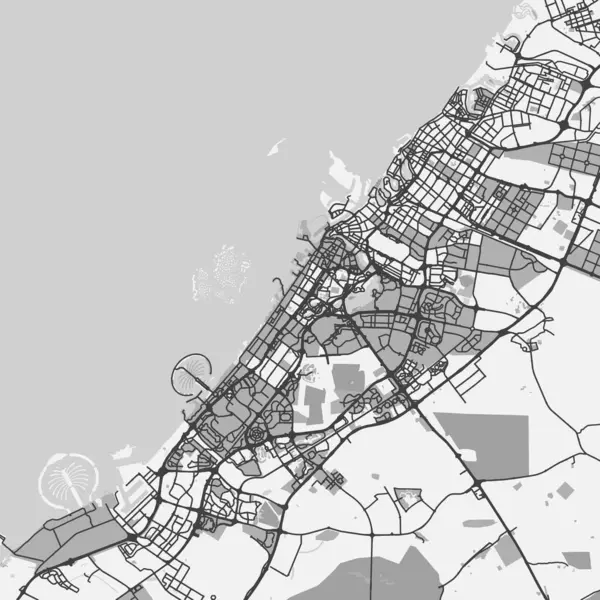 stock vector Map of Dubai in United Arab Emirates in grayscale. Contains layered vector with roads water, parks, etc.