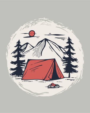 Birkaç ağacı olan bir dağ tasviri ve klasik tasarımı olan bir kamp çadırı tişört tasarımları, duvar süslemeleri, duvar posterleri vs. için uygun.