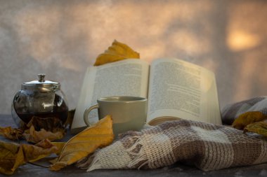 Çay fincanı ve çaydanlık bardağı ve çelik, sonbahar, ya da açık kitaplı sıcak kahve, samimi okuma ortamında sıcak kahve. Sonbahar, kış gibi çevre