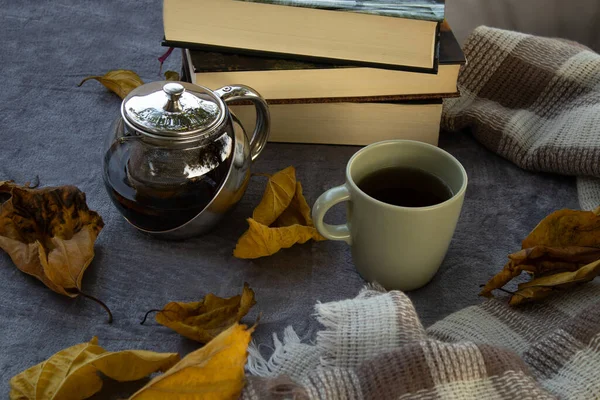 Tea cup and teapot glass and steel, autumn, or hot coffee with open book, Hot coffee in cozy reading environment. Environment like autumn, winter