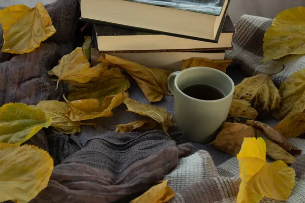 Tasse Tee Oder Heißer Kaffee Mit Stapel Von Büchern Und — Stockfoto