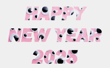 Mutlu yıllar 2025, açık pembe ve siyah top tasarımı maskeli şık metin, yeni yıl kutlaması, kart, poster, afiş, web sitesi, selamlar, 3D yazı tipi yazı tipi. vektör resmi de kullanılabilir.