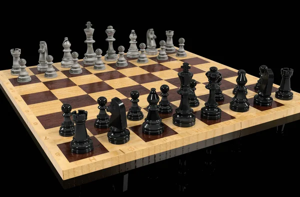 Σκακιέρα Ξύλινη Σκακιέρα Βαριά Πετρώματα Μαύρο Φόντο — Φωτογραφία Αρχείου