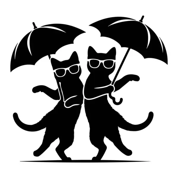 Dünya Kediler Günü Siyah siluet İki şapkalı, şemsiyeli, şapkalı ve güneş gözlüklü