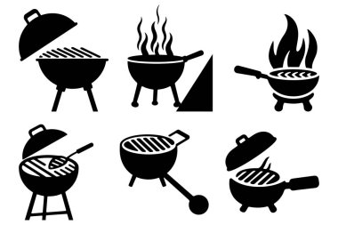 Basit Siyah ve Beyaz Barbekü Izgara Simgeleri Ayarlandı