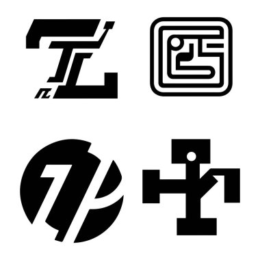 Dört soyut, minimalist siyah logo, teknoloji, oyun ya da fütürist markalaşma için mükemmel.