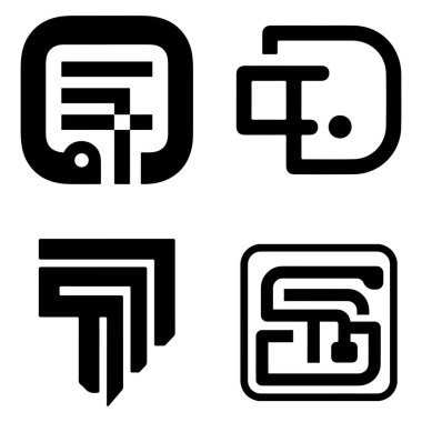 Dört soyut, minimalist siyah logo, teknoloji, oyun ya da fütürist markalaşma için mükemmel.