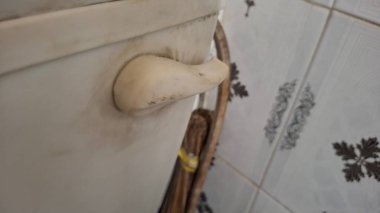 Mutfakta fırçası olan pis, eski bir klozet.