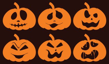 Cadılar Bayramı Balkabağı Seti 'nin resimleri. Gülen çizgi film feneri yüzleri. Cadılar Bayramı karakterleri balkabağı şeklinde. Düz çizimler