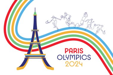 Paris 2024 Olimpiyat temalı Eyfel Kulesi çeşitli spor dalları ve Olimpiyat kurdelesiyle birleştirildi