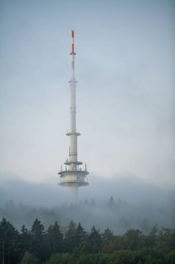 Bielefeld 'deki Teutoburg Ormanı' ndaki TV kulesi sisin içinde.