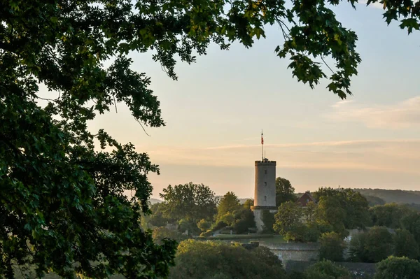 Bielefeld 'deki Sparrenburg' da gün doğumunda ön planda ağaçla birlikte.