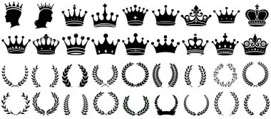 Crown Laurel çelenk siluet seti, telif simgeleri, klasik tasarım unsurları, taçlar, defne çelenkleri vektör sanatı, logolar için zarif semboller, amblemler, kraliyet temaları, kraliyet dizaynları,