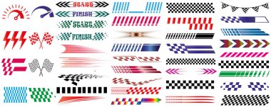 Vibrant racing stripes, abstract speed designs, chequered patterns, arrows, and dynamic lines ideal for vehicle decals, sports graphics, banners  for automotive and sports branding clipart