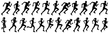 koşucu siluet vektör seti, çalışan kadın sekansı, hareket, atletik vektör illüstrasyonu, dinamik koşu, fitness hareketi animasyonu, izole edilmiş koşucular beyaz, egzersiz illüstrasyonu, insan etkinleştirmesi