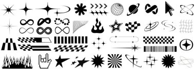 Y2K tasarım element vektörü seti, soyut semboller, sonsuzluk işareti, yıldız, alev, işaretli desenler, gezegenler, imleç, ızgara, gelecekteki arkaplanlar için retro estetik, grafik vektör şekilleri