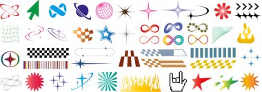 Y2K sembol seti, soyut şekiller, gradyanlar, ışıltılar, retro simgeler, yıldızlar, oklar, alevler, sonsuzluk işaretleri, damalı vektör çizimleri fütüristik, parlak, canlı dijital elementler, geometrik tasarım