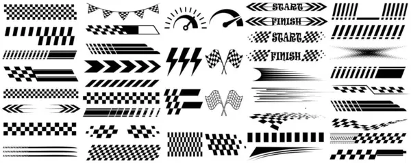 Yarış şeridi vektör kümesi, yarış bayrakları, kareli desenler, hız çizgileri, oklar ve bitiş sancakları illüstrasyonları, motor sporu tasarımları için yarış unsuru, yarış grafikleri, vektör sanatı ve otomotiv