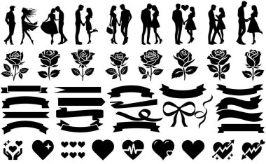 Romantik siluet seti, kalp ikonu, gül çizimi, aşk temalı kurdeleler, afişler, fiyonklar ve siyah Valentine grafikleri. Romantik tasarımlar, tebrik kartları ve Sevgililer Günü temalı proje için mükemmel.