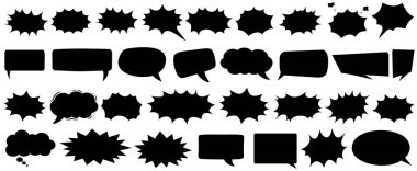 Komik konuşma balonları, patlama şekilleri ve siyah siluet içinde diyalog balonları. Pop sanat, retro çizgi roman ve grafik tasarım için vektör karikatür öğeleri. Yaratıcı tasarımlar için boş metin boşlukları