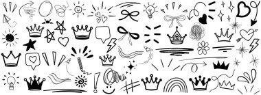 Doodle element vektörü seti, çizim, taç, kalp, şimşek, yay, yıldız, ampul, ok, girdap, gökkuşağı, konuşma balonu, ışıltı, güneş, el çizimi asgari soyut sanatsal elementler