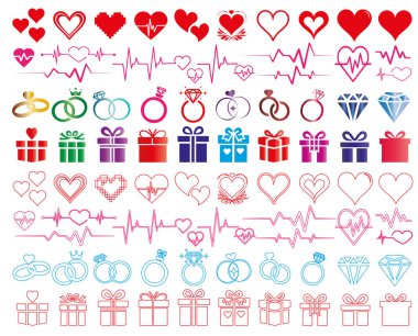 Kalp sembolleri, alyanslar, elmas ikonlar, hediyeler, romantik tasarımlar için kalp atışları, aşk temaları, düğün dekorları, kartlar ve kutlamalar içeren sevgililer günü grafikleri