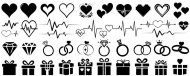 Sevgililer Günü için grafik ögesi seti, kalp ikonu, elmas şekli, nişan yüzükleri, alyanslar, hediye kutuları ve kalp atışı çizgileri vektörü Sevgililer Günü için aşk, düğün, romantik tasarım