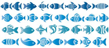 Balık ikonu seti, vektör balık koleksiyonu, mavi balık, soyut deniz yaşamı, deniz deseni, okyanus illüstrasyonu, su hayvanları, yüzen balık tasarımı