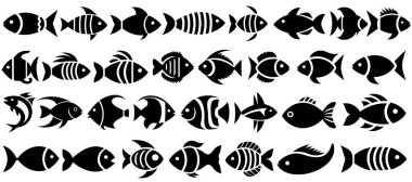 Balık silueti vektör seti, siyah su hayvanları, deniz yaban hayatı, dekoratif balık ikonları, grafik deniz yaşamı çizimleri, soyut balık deseni, stilize balık koleksiyonu, okyanus yaratıkları tasarımı