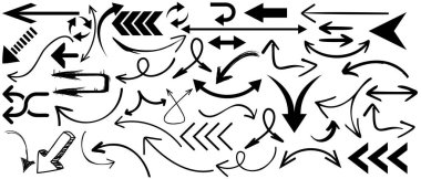 Ok vektör kümesi, siyah karalama çizimi, el çizimi tasarımı, navigasyon grafiği, yön sembolü, çizim stili, modern sanat, çok yönlü simge, dijital indirme, yaratıcı proje