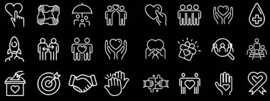 Hayırseverlik simgeleri bağışı, desteği ve bakımı sembolize eder. Bu önemli vektör çizgisi simgeleri, ağ ve yazdırma tasarımları için mükemmel olan, vermenin ve topluluk yardımının çeşitli yönlerini temsil eder..