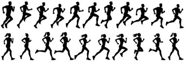 Dinamik koşucu siluet seti, fitness ve spor tasarımları için çeşitli pozlarda koşucu vektörü. Maraton, egzersiz ve atletizm projeleri için ideal