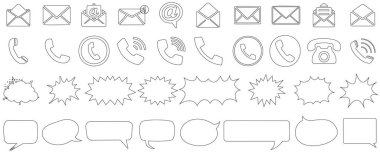 E- posta simgesi, telefon sembolü ve iletişim tasarımları, dijital projeler, mesajlaşma görselleri için teknoloji simgeleri için konuşma balonu simgesi ayarlandı