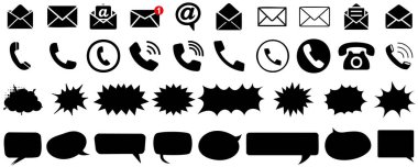 E- posta simgesi, telefon sembolü ve iletişim tasarımları, dijital projeler, mesajlaşma görselleri için teknoloji simgeleri için konuşma balonu simgesi ayarlandı