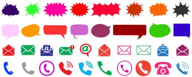 Renkli konuşma baloncukları, çizgi roman patlamaları, e-posta ikonları ve canlı vektör kümesindeki telefon sembolleri. İletişim, mesajlaşma, çizgi roman tasarımı, bildirimler ve kullanıcı arayüzü ögeleri için mükemmel