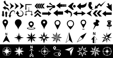Temel yön bulma unsurları ayarlandı, ok, pusula, pusula. Harita tasarımı için önemli. Siyah ve beyaz çok yönlü vektör simgeleri, konum, yön ve arayüz kullanımı için ideal