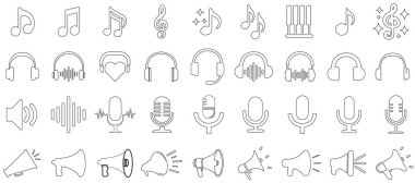 Minimalist taslak tarzında müzik ve ses simgeleri. Müzikal notalar, trible tuşlar, kulaklıklar, mikrofonlar, hoparlörler, megafonlar ve sesle ilgili tasarımlar, uygulamalar ve medya için ses dalgaları içerir