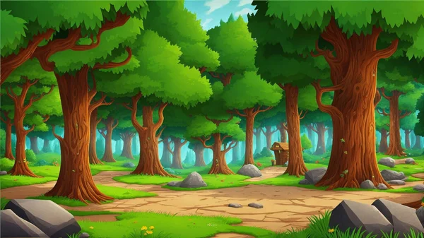 岩と木 森の背景を持つ漫画の森のシーン — ストックベクタ