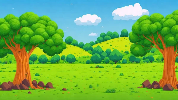 木や岩 バックグラウンドアートと漫画の緑の風景 — ストックベクタ