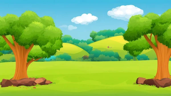 Een Cartoon Groen Landschap Met Bomen Rotsen Achtergrond — Stockvector