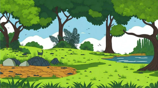 川と木 森の背景を持つ漫画のシーン — ストックベクタ