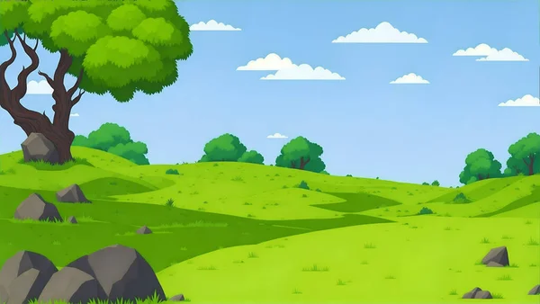 岩や木 背景芸術 公園の背景 遠い村の背景 モバイルゲームの背景 フィールド背景を持つ漫画の緑の風景 — ストックベクタ