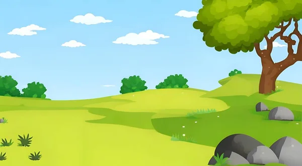 岩と木 公園の背景 風景の背景 モバイルゲームの背景 バックグラウンドアート 遠い村の背景を持つ漫画風景 — ストックベクタ