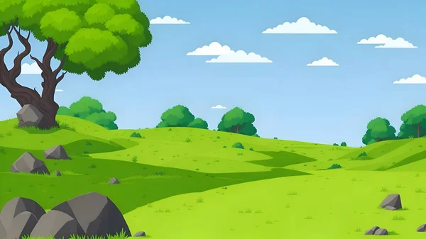 岩や木 バックグラウンドアート モバイルゲームの背景 風景の背景を持つ漫画の緑の風景 — ストックベクタ