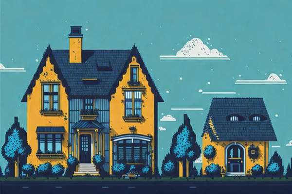 背景に青空の黄色い家 ローリーのスタイルで美しい詳細なピクセルアートの写真 — ストックベクタ