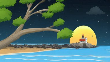 Bir deniz feneri bir plajın tepesinde, bir ağacın yanında yer alır.
