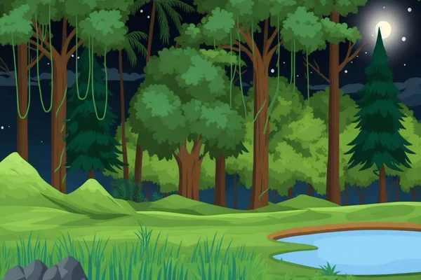 夜の森の中心にある池の描写 — ストックベクタ